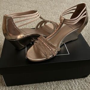 Rose gold T strap wedges